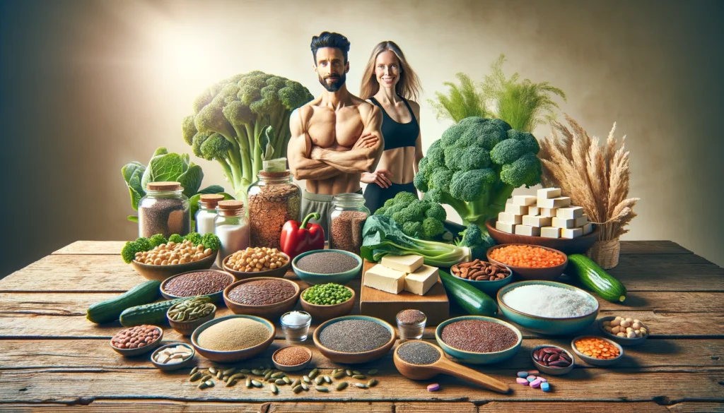 Deux personnes végétaliennes en bonne santé, devant une table remplie d'aliments végétaux riches en nutriments
