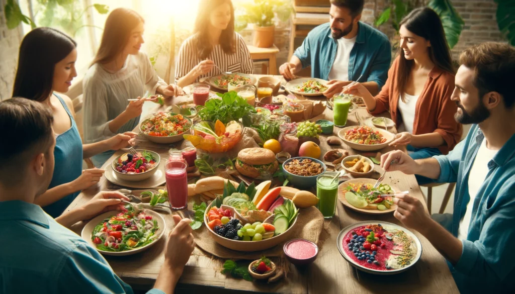 Un groupe de personnes autour d'une table remplie de plats vegan