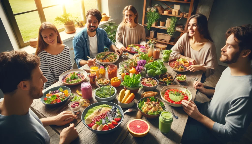 Un groupe de personnes véganes, dégustant des plats vegan colorés