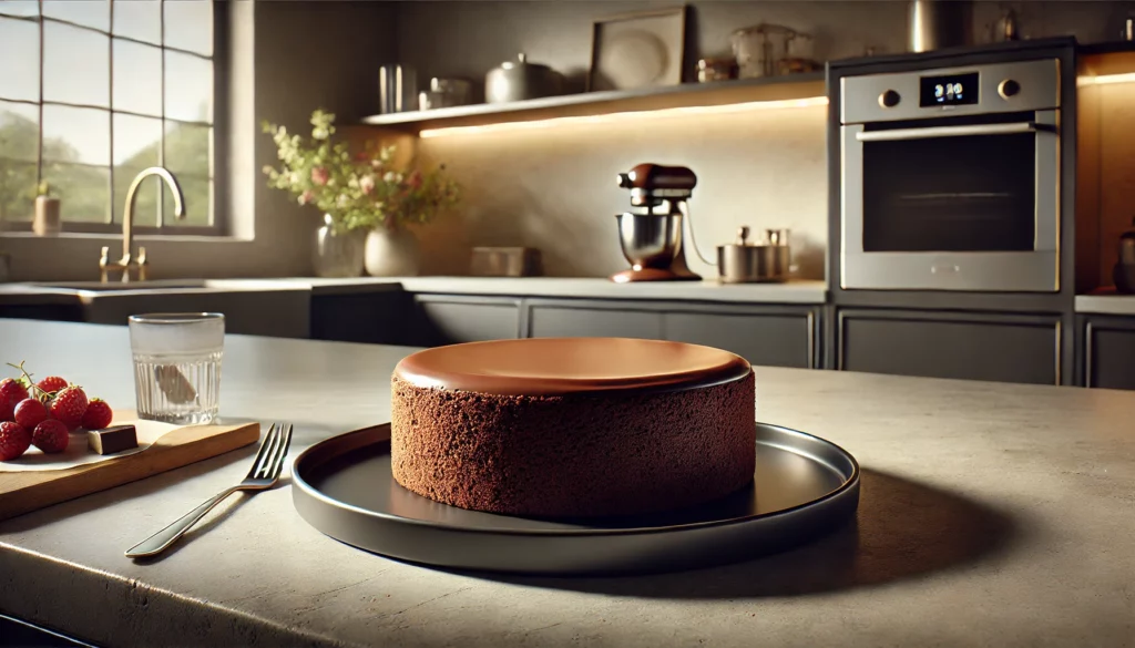 Gâteau au chocolat vegan posé sur une table de cuisine