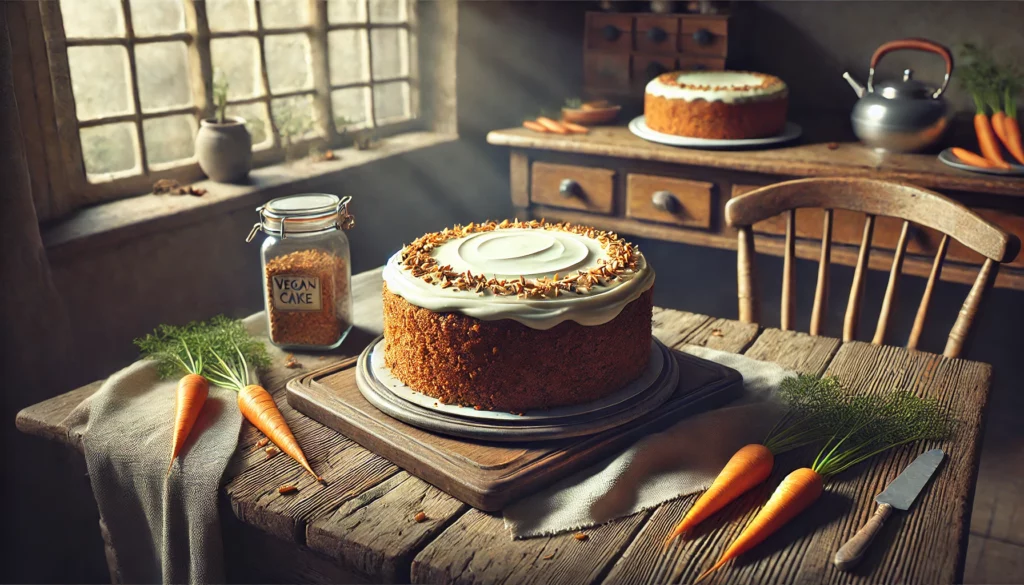 Gâteau vegan à la carotte, posé sur une table de cuisine