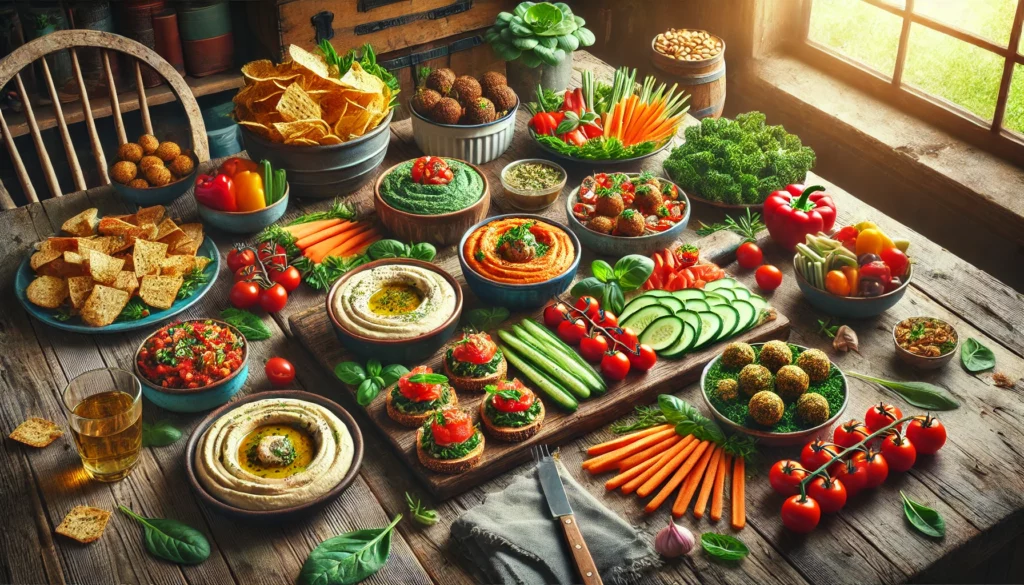Ensemble de plats apéritifs vegan disposés sur une table en bois dans une cuisine