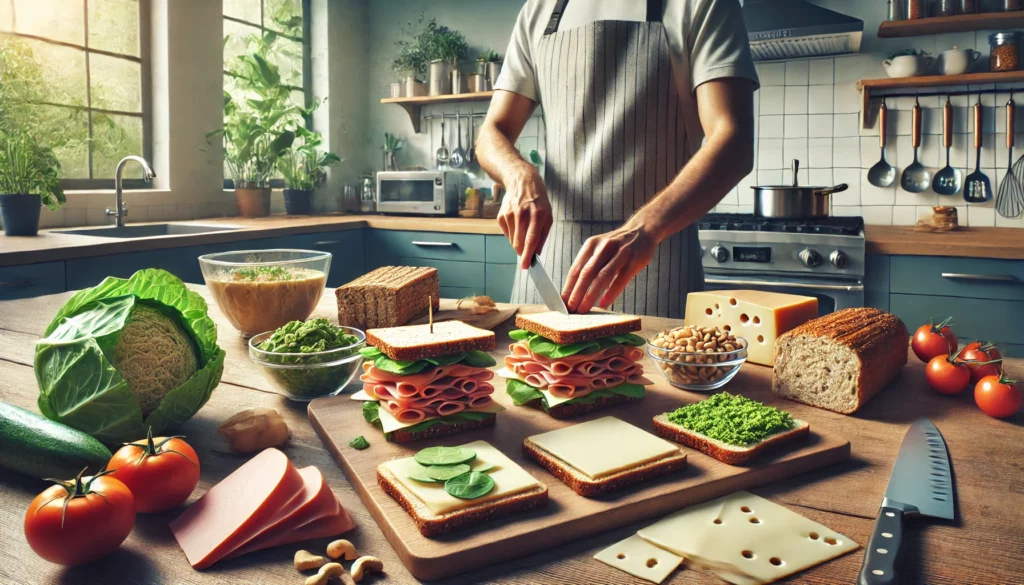 UN homme préparant un croque monsieur végétalien