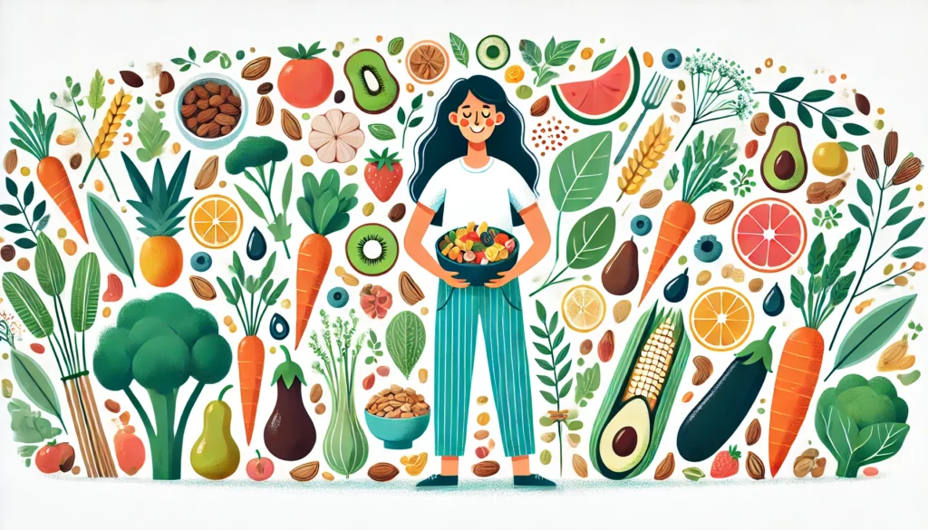 Une illustration d'une personne appréciant une variété d'aliments à base de plantes. Elle est entourée de fruits, de légumes, de noix, de graines et de grains, tous disposés de manière attrayante et vibrante. La personne a l'air contente et en bonne santé, représentant les bienfaits du régime à base de plantes sur le bien-être mental.