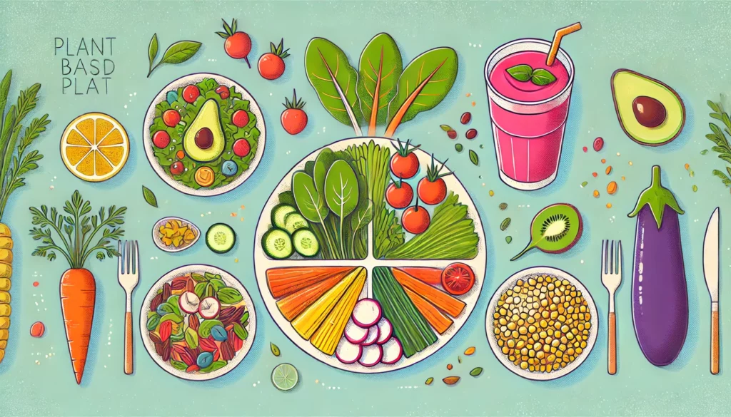 Une illustration montrant un plan de repas équilibré avec une variété de plats à base de plantes. Cela inclut une salade colorée, un bol de smoothie, une assiette de légumes mélangés et un bol de grains. Chaque plat est rempli d'ingrédients frais et vibrants, représentant les bienfaits nutritionnels d'un régime à base de plantes.