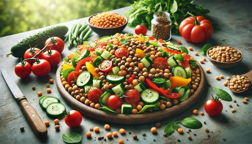 Une salade vibrante et colorée composée de lentilles, de pois chiches et de divers légumes frais comme des tomates, des concombres et des poivrons. La fraîcheur et la santé des ingrédients sont mises en évidence.