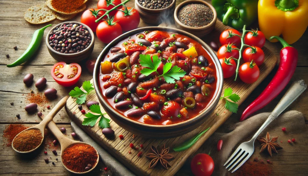 Un bol de chili copieux fait avec des haricots noirs, des tomates, des poivrons et des épices, garni d'herbes fraîches. La richesse et la chaleur du plat sont accentuées, montrant son côté réconfortant et nutritif.