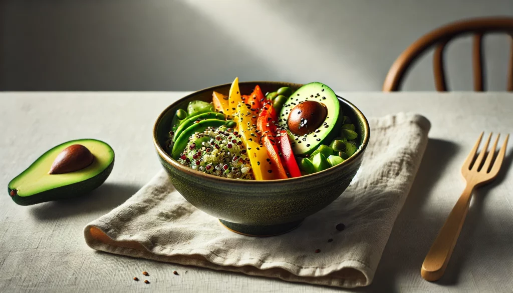 Bol de salade de quinoa vibrant avec avocat, légumes grillés et graines de sésame, posé sur une nappe en lin dans un décor minimaliste.