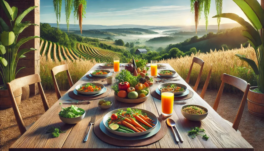 Table à manger avec des plats végétariens comme légumes rôtis, salade de quinoa et jus de fruits frais, avec vue panoramique sur la nature.