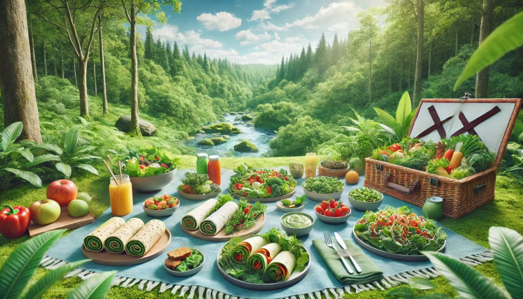 Forêt verdoyante avec un pique-nique végétarien comprenant wraps, salades et fruits frais, mettant en avant la durabilité environnementale.