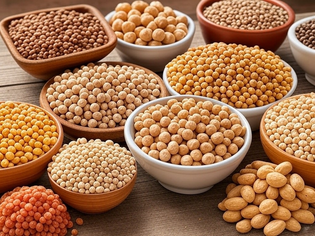 une photo ultra réaliste étant une représentation visuelle des aliments riches en fer d'origine végétale (lentilles, pois chiches, quinoa, etc.) avec une mise en scène attrayante